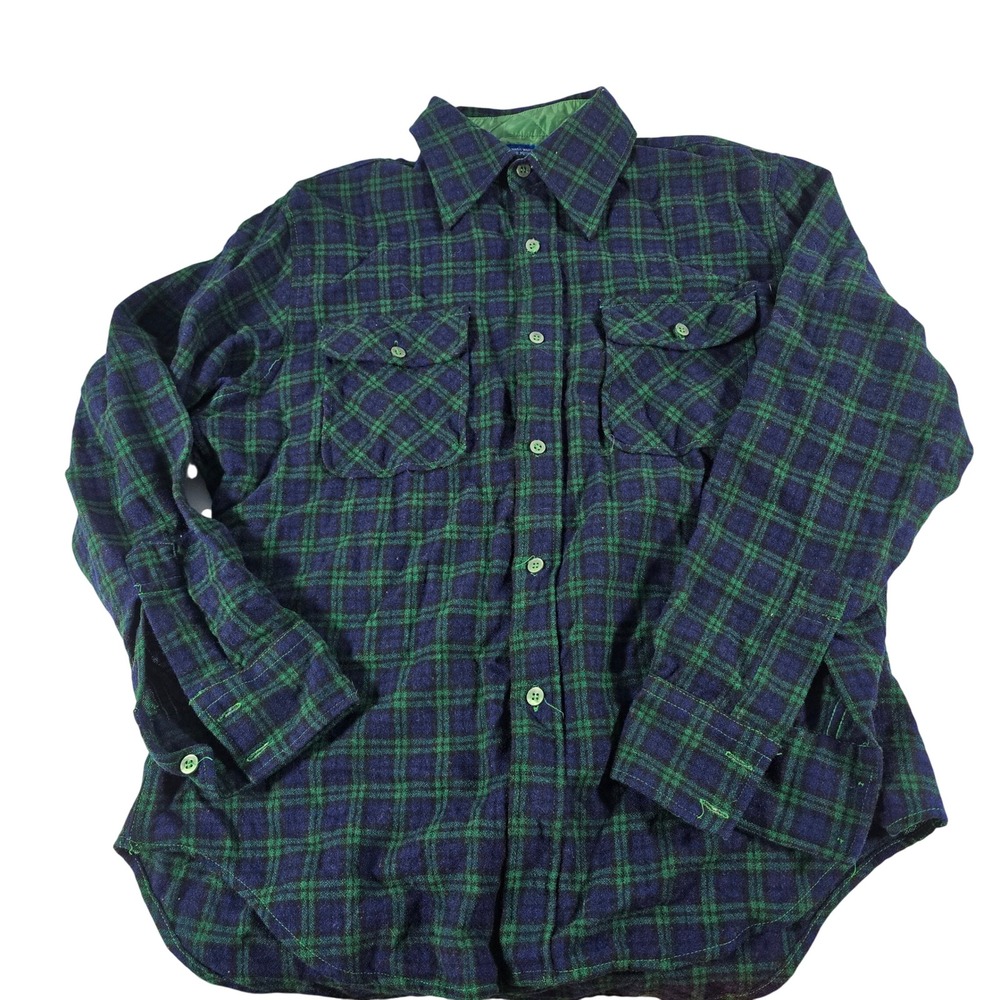 Vintage JCPenney 100% Virgin Wool Plaid Shirt L Quilted Lined Flannel Green Blue